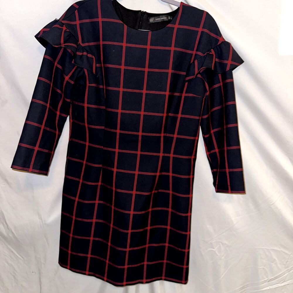 ZARA TRAFALUC Mini Dress Plaid Ruffle Shift Navy Blue Red Womens LG Long Sleeve